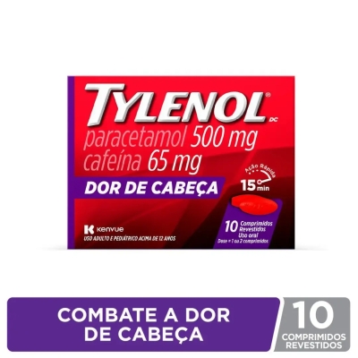 Tylenol Dor de Cabeça Paracetamol 500mg + Cafeína 65mg Dor de Cabeça 10 Comprimidos