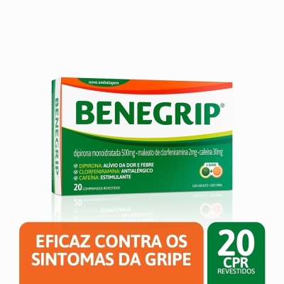 Benegrip Dipirona Monoidratada 500mg + Maleato de Clorfeniramina 2mg + Cafeína 30mg 20 Comprimidos
