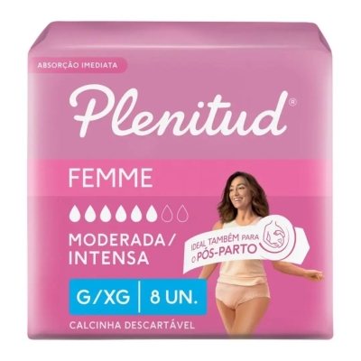 Roupa Íntima Descartável Feminina Plenitud Femme G/XG Absorção Moderada a Intensa 8 Unidades