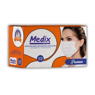 Máscara Cirúrgica Descartável Branca Proteção Tripla com Elástico50 Unidades Medix