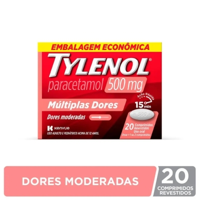 Tylenol Paracetamol 500mg Múltiplas Dores 20 Comprimidos