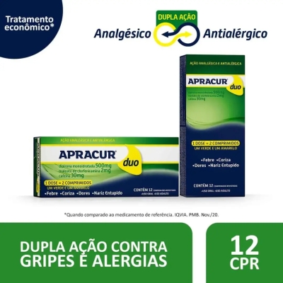 Apracur Duo Dipirona Monoidratada 500mg + Maleato de Clorfeniramina 2mg + Cafeína 30mg 12 Comprimido
