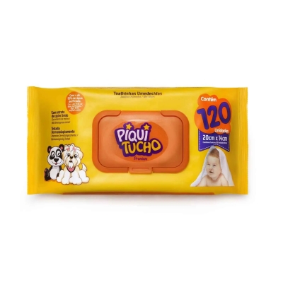 Lenço Umedecido Piquitucho Premium com Extrato de Capim Limão Sem Álcool 120 unidades