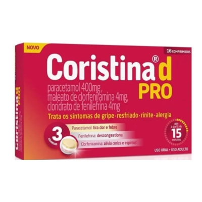 Coristina D Pro Fenillefrina 4mg + Paracetamol 400mg + Clorfeniramina 4mg 16 Comprimidos