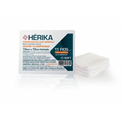 Compressa de Gaze Estéril Hérika Soft 7,5X7,5 10 Unidades