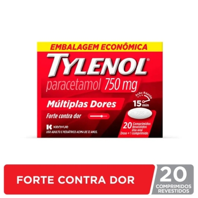 Tylenol Paracetamol 750mg Múltiplas Dores 20 Comprimidos