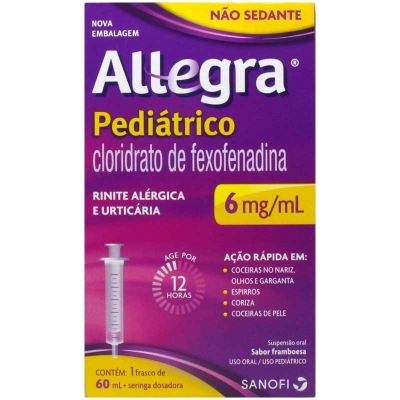 Antialérgico Allegra Pediátrico Cloridrato de Fexofenadina 6mg/ml Suspensão Oral 60ml com Seringa