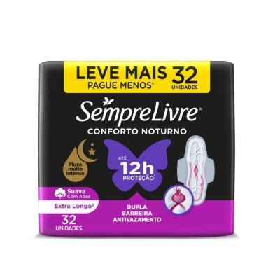 Absorvente Sempre Livre Conforto Noturno Cobertura Suave Com Abas 32 unidades