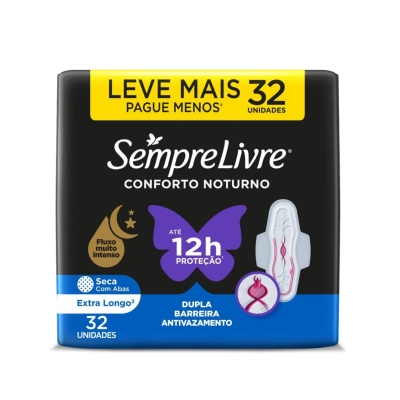 Absorvente Sempre Livre Conforto Noturno Cobertura Seca Com Abas 32 unidades