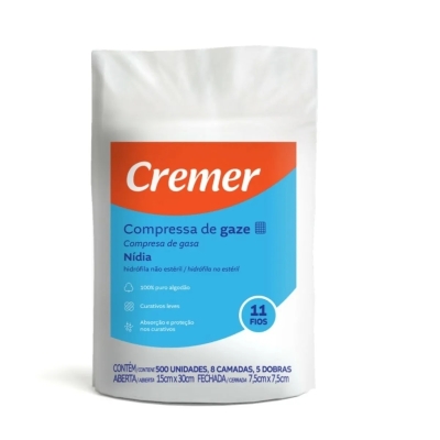 Compressa Gaze Cremer Nídia 7,5cm X 7,5cm Hidrófila Não Estéril 8 Camadas 5 Dobras 500 Unidades