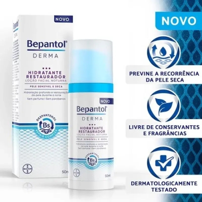 Loção Facial Noturna Bepantol Derma Hidratante Restaurador Pele Sensível e Seca 50ml