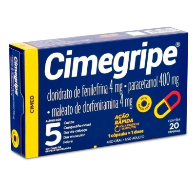 Cimegripe Cloridrato Fenillefrina 4mg+Paracetamol 400mg+Maleato de Clorfeniramina 4mg 20 Cápsulas