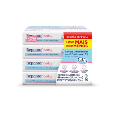 Kit Lenço Umedecido Bepantol Baby Hipoalergênico com Pró Vitamina B5 Sem Fragrância 48 Unidades 