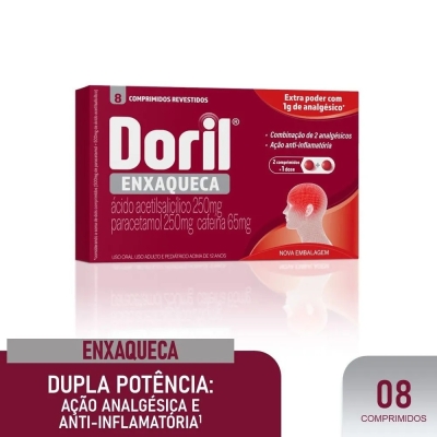 Doril Enxaqueca Ácido Acetilsalicílico 250mg + Paracetamol 250mg + Cafeína 65mg 8 Comprimidos