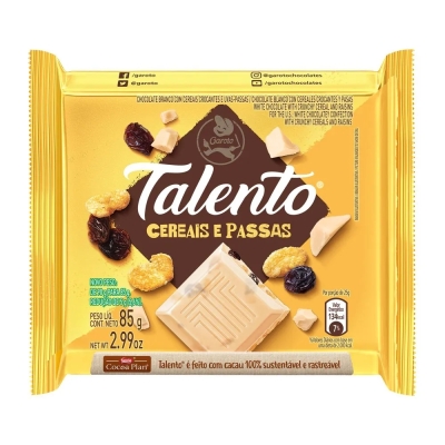 Chocolate Garoto Talento Branco Cereais e Passas 85g