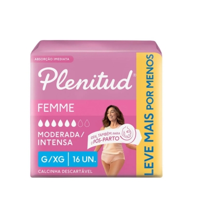 Roupa Íntima Descartável Feminina Plenitud Femme G/XG Absorção Moderada a Intensa 16 Unidades