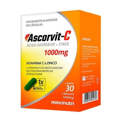 Ascorvit C 1000mg Vitamina C e Zinco 30 Cápsulas Maxinutri