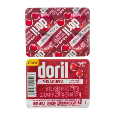 Doril Enxaqueca Ácido Acetilsalicílico 250mg + Paracetamol 250mg + Cafeína 65mg 4 Comprimidos