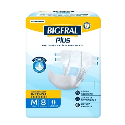 Fralda Geriátrica Unissex Bigfral Plus M Absorção Intensa 8 Unidades