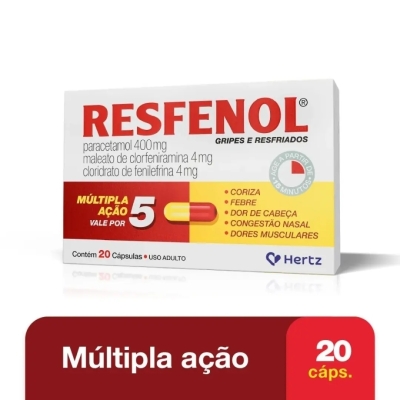 Resfenol Paracetamol 400mg + Cloridrato Fenillefrina 4mg + Maleato de Clorfeniramina 4mg 20 Cápsulas
