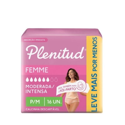 Roupa Íntima Descartável Feminina Plenitud Femme P/M Absorção Moderada a Intensa 16 Unidades