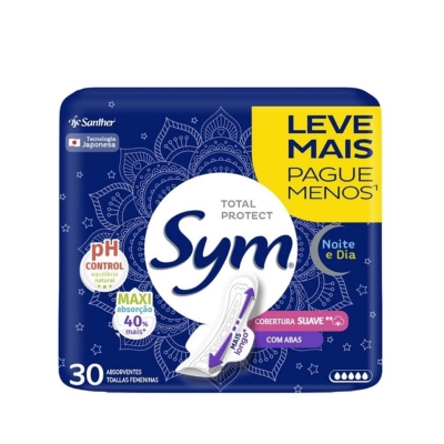 Absorvente Sym Total Protect Noite & Dia Suave Com Abas 30 Unidades 