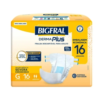 Fralda Bigfral Derma Plus Geriátrica Unissex G Absorção Intensa 16 Unidades