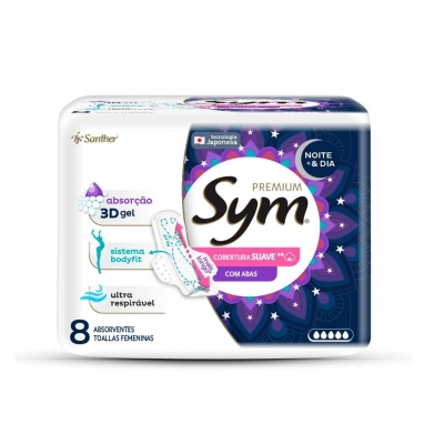 Absorvente Noturno Sym Premium Noite & Dia Cobertura Suave Com Abas 8 Unidades