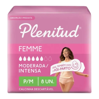 Roupa Íntima Descartável Feminina Plenitud Femme P/M Absorção Moderada a Intensa 8 Unidades
