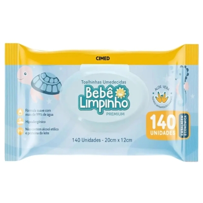 Toalhas Umedecidas 140 Unidades Bebê Limpinho Cimed Lenço sem Álcool Aloe Vera
