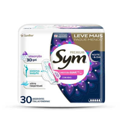 Absorvente Sym Premium Noite & Dia Cobertura Suave Com Abas 30 Unidades