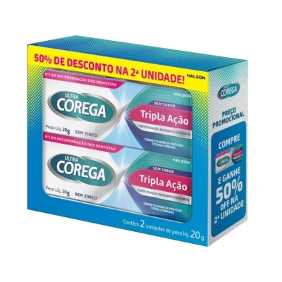 Kit Creme Fixador de Dentadura Corega Ultra Tripla Ação Sem Sabor 20g 2 Uunidades