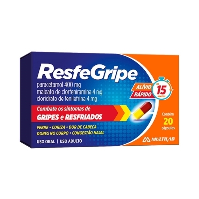 Resfegripe Paracetamol 400mg+Cloridrato Fenillefrina 4mg+Maleato de Clorfeniramina 4mg 20 Cápsulas