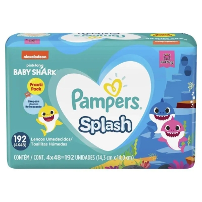 Kit Lenço Umedecido Pampers Splash Baby Shark Limpeza Refrescante Sem Álcool Macio 48 Unidades