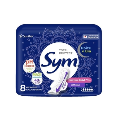 Absorvente Sym Total Protect Noite & Dia Suave Com Abas 8 Unidades