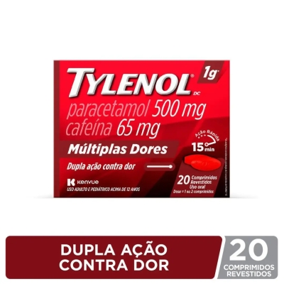Tylenol Dor de Cabeça Paracetamol 500mg + Cafeína 65mg 20 Comprimidos