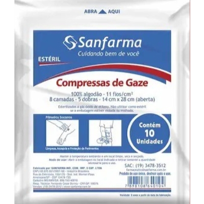 Compressa de Gaze Sanfarma Estéril 11 fios 7,5cm x 7,5cm 10 Unidades