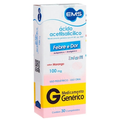 Ácido Acetilsalicílico 100mg Infantil Sabor Morango 30 Comprimidos Genérico EMS 