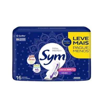 Absorvente Sym Total Protect Noite & Dia Suave Com Abas 16 Unidades