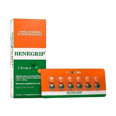 Benegrip Dipirona Monoidratada 500mg + Maleato de Clorfeniramina 2mg + Cafeína 30mg 12 Comprimidos