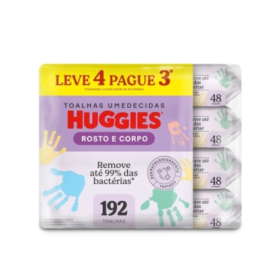 Kit Lenço Umedecido Huggies Rosto e Corpo Hipoalergênico 48 Unidades 4 Pacotes