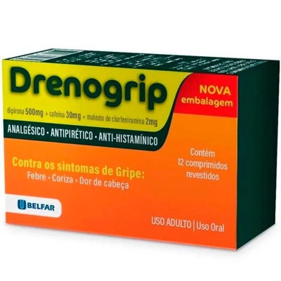 Drenogrip Dipirona Monoidratada 500mg + Maleato de Clorfeniramina 2mg + Cafeína 30mg 12 Comprimidos